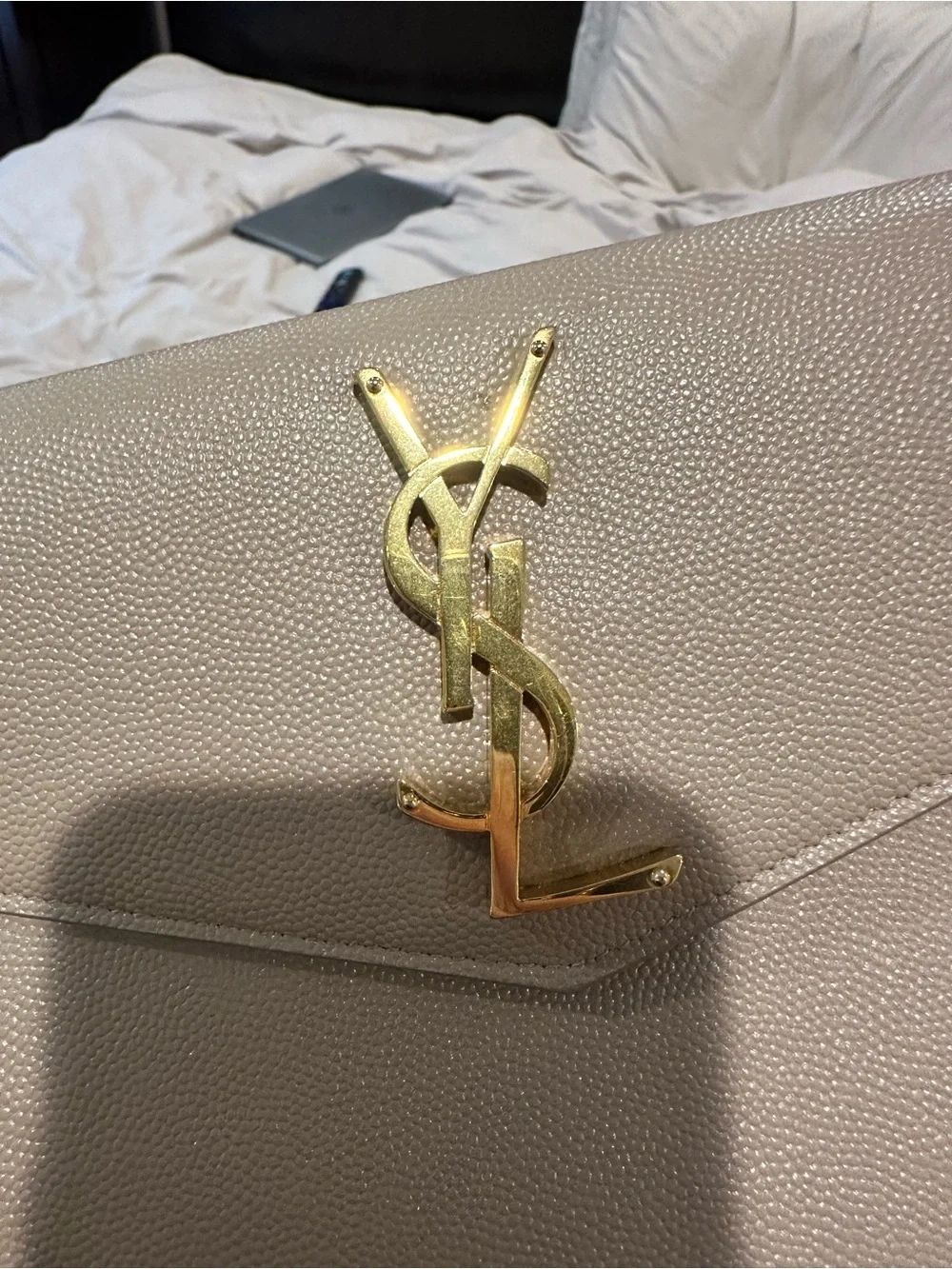 Saint Laurent Envelope Clutch in Beige with Gold YSL Emblem